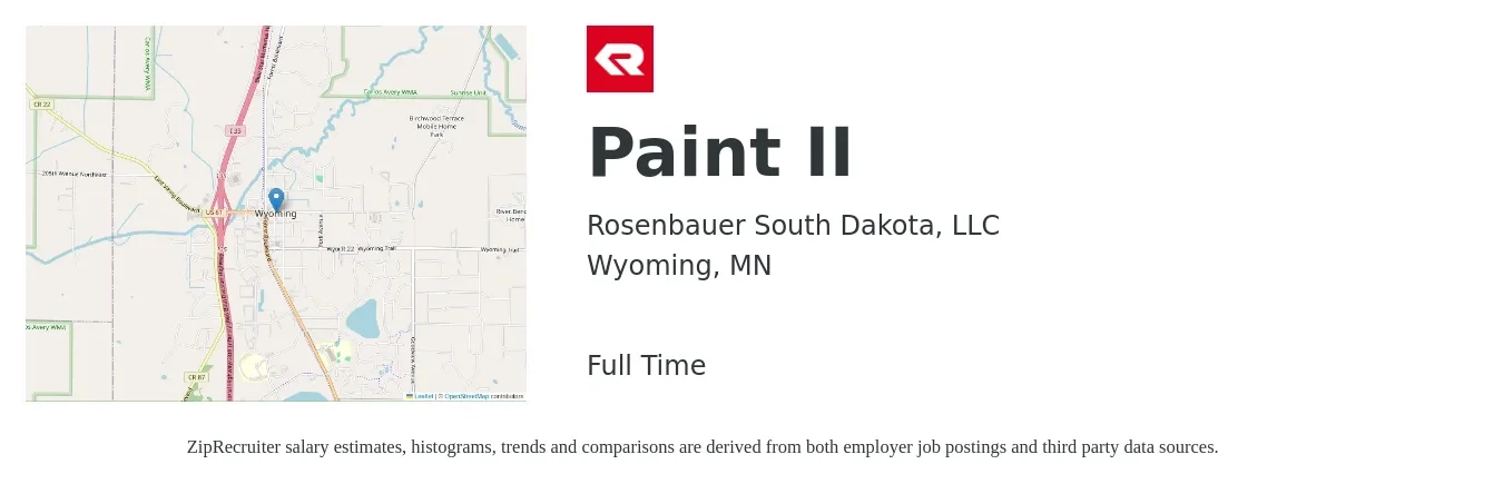 Rosenbauer South Dakota, LLC job posting for a Paint II in Wyoming, MN with a salary of $18 to $24 Hourly with a map of Wyoming location.