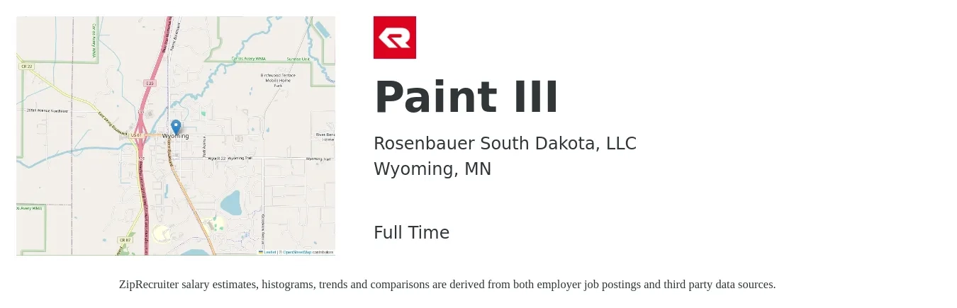 Rosenbauer South Dakota, LLC job posting for a Paint III in Wyoming, MN with a salary of $18 to $24 Hourly with a map of Wyoming location.