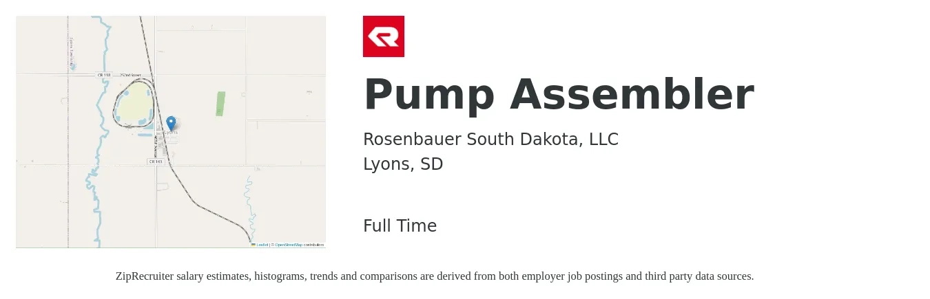 Rosenbauer South Dakota, LLC job posting for a Pump Assembler in Lyons, SD with a salary of $17 to $19 Hourly with a map of Lyons location.