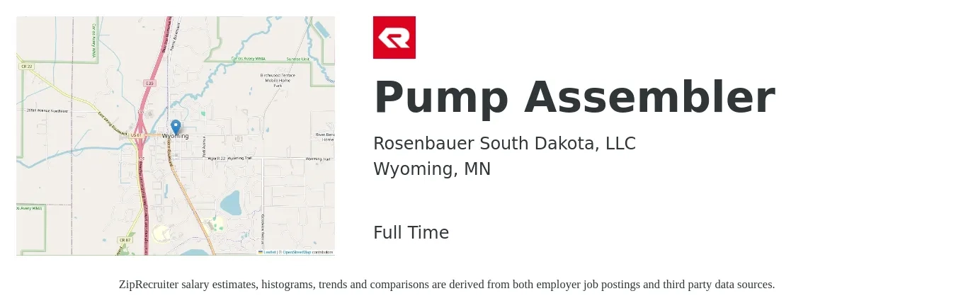 Rosenbauer South Dakota, LLC job posting for a Pump Assembler in Wyoming, MN with a salary of $18 to $20 Hourly with a map of Wyoming location.
