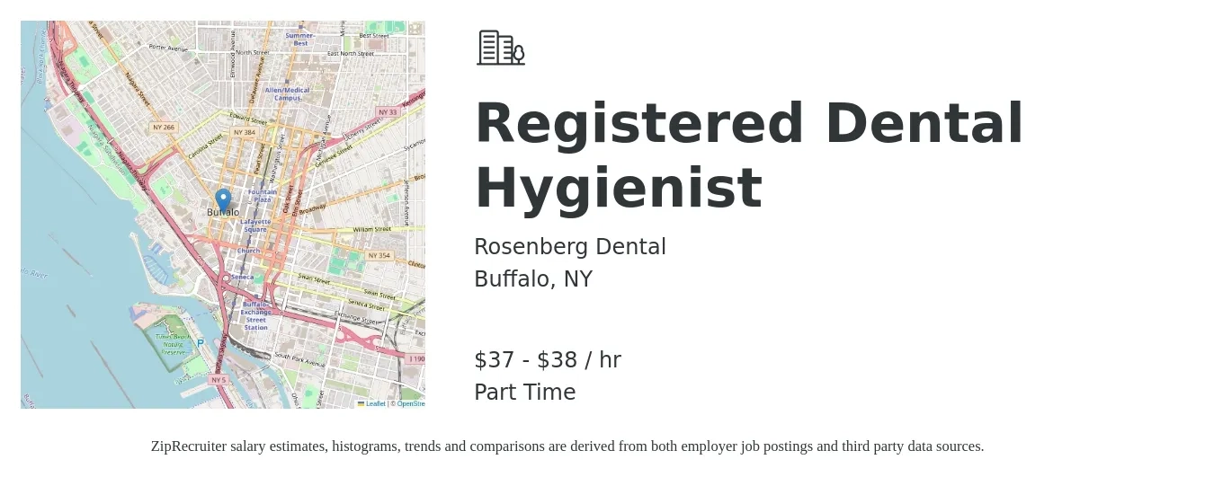 Rosenberg Dental job posting for a Registered Dental Hygienist in Buffalo, NY with a salary of $39 to $40 Hourly with a map of Buffalo location.
