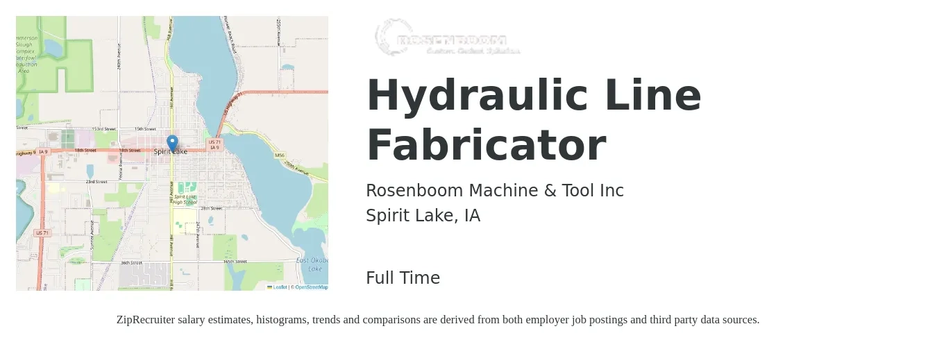 Rosenboom Machine & Tool Inc job posting for a Hydraulic Line Fabricator in Spirit Lake, IA with a salary of $16 to $21 Hourly with a map of Spirit Lake location.