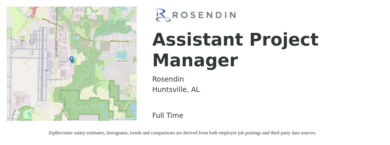 Rosendin job posting for a Assistant Project Manager in Huntsville, AL with a salary of $52,700 to $86,700 Yearly with a map of Huntsville location.