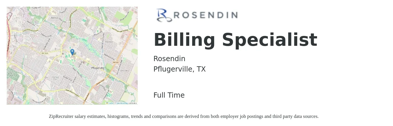 Rosendin job posting for a Billing Specialist in Pflugerville, TX with a salary of $18 to $24 Hourly with a map of Pflugerville location.