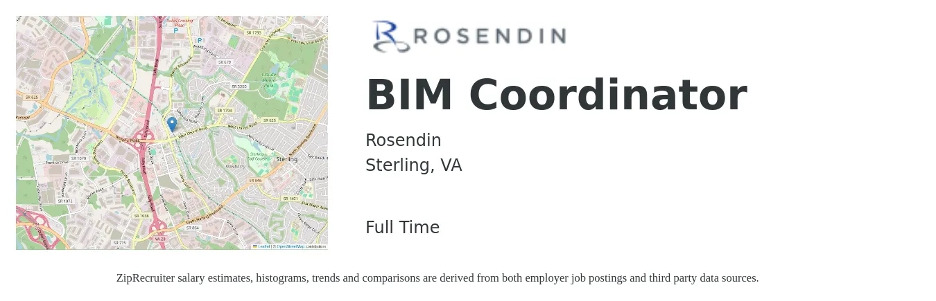 Rosendin job posting for a BIM Coordinator in Sterling, VA with a salary of $42,600 to $68,800 Yearly with a map of Sterling location.