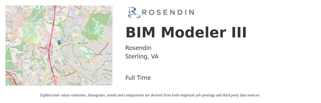 Rosendin job posting for a BIM Modeler III in Sterling, VA with a salary of $32 to $45 Hourly with a map of Sterling location.