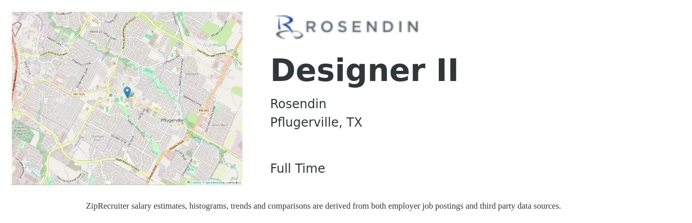Rosendin job posting for a Designer II in Pflugerville, TX with a salary of $54,600 to $102,500 Yearly with a map of Pflugerville location.