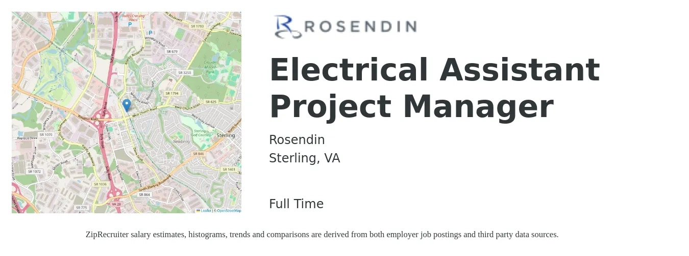 Rosendin job posting for a Electrical Assistant Project Manager in Sterling, VA with a salary of $53,000 to $87,200 Yearly with a map of Sterling location.