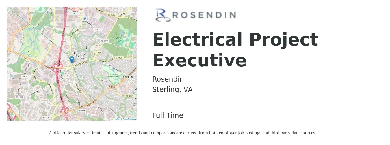 Rosendin job posting for a Electrical Project Executive in Sterling, VA with a salary of $140,100 to $194,600 Yearly with a map of Sterling location.
