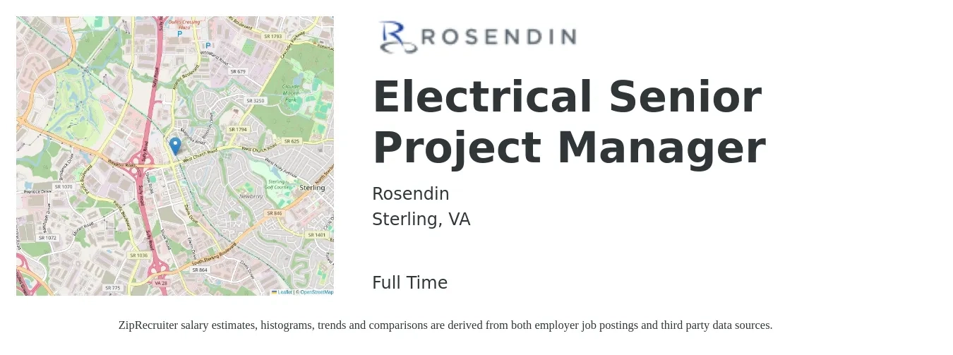 Rosendin job posting for a Electrical Senior Project Manager in Sterling, VA with a salary of $97,100 to $149,000 Yearly with a map of Sterling location.