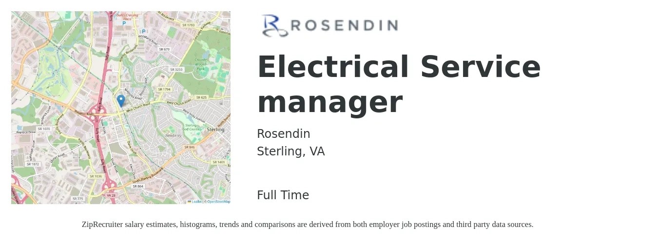 Rosendin job posting for a Electrical Service manager in Sterling, VA with a salary of $84,700 to $120,300 Yearly with a map of Sterling location.