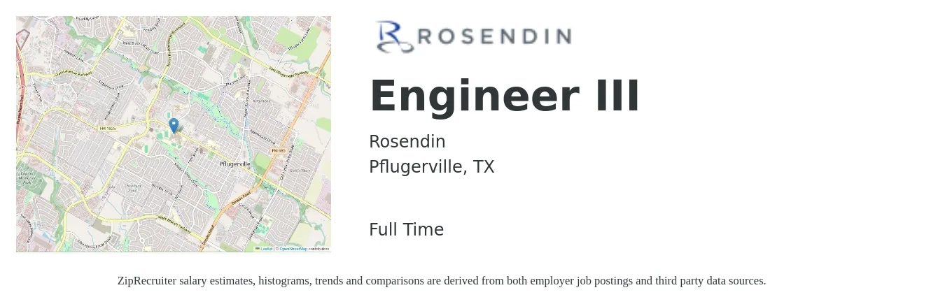 Rosendin job posting for a Engineer III in Pflugerville, TX with a salary of $78,100 to $142,500 Yearly with a map of Pflugerville location.