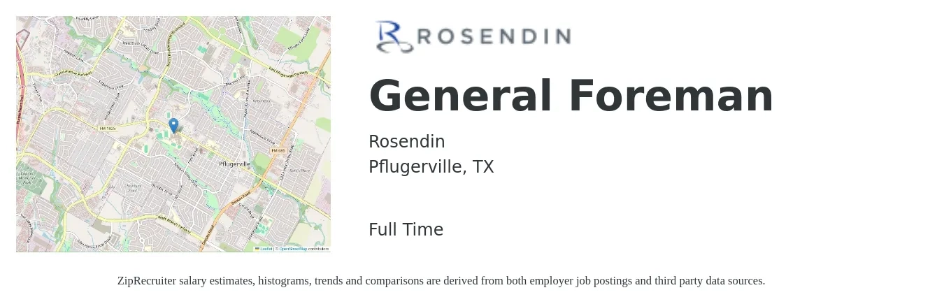 Rosendin job posting for a General Foreman in Pflugerville, TX with a salary of $23 to $33 Hourly with a map of Pflugerville location.