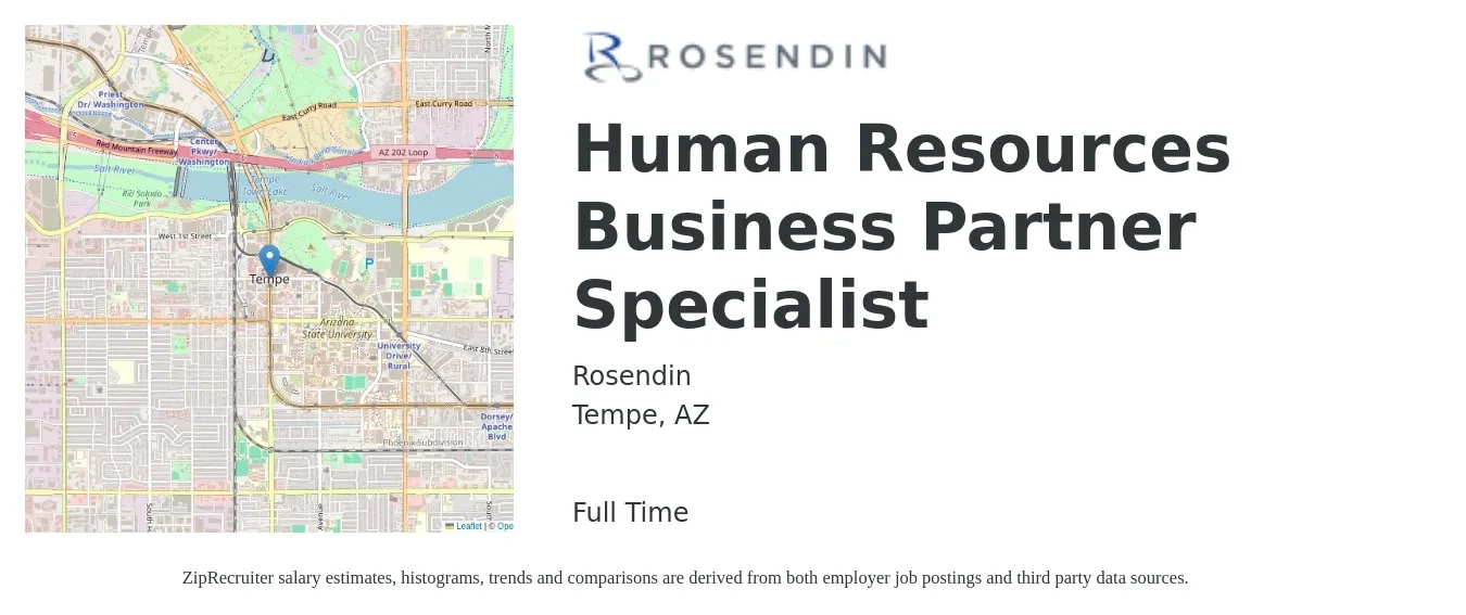 Rosendin job posting for a Human Resources Business Partner Specialist in Tempe, AZ with a salary of $69,000 to $98,200 Yearly with a map of Tempe location.