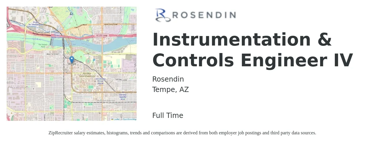 Rosendin job posting for a Instrumentation & Controls Engineer IV in Tempe, AZ with a salary of $42 to $62 Hourly with a map of Tempe location.