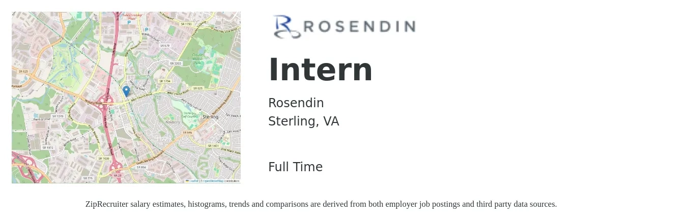 Rosendin job posting for a Intern in Sterling, VA with a salary of $15 to $20 Hourly with a map of Sterling location.