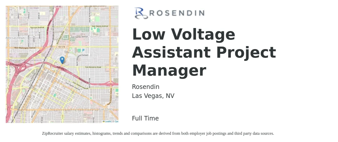 Rosendin job posting for a Low Voltage Assistant Project Manager in Las Vegas, NV with a salary of $51,100 to $84,000 Yearly with a map of Las Vegas location.