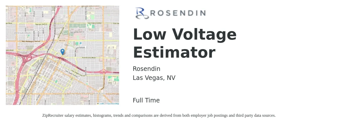Rosendin job posting for a Low Voltage Estimator in Las Vegas, NV with a salary of $59,200 to $94,600 Yearly with a map of Las Vegas location.