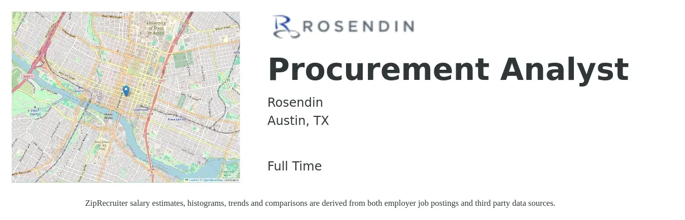 Rosendin job posting for a Procurement Analyst in Austin, TX with a salary of $60,000 to $115,500 Yearly with a map of Austin location.