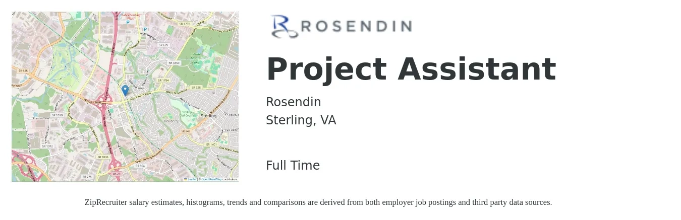 Rosendin job posting for a Project Assistant in Sterling, VA with a salary of $18 to $25 Hourly with a map of Sterling location.