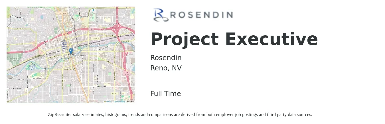 Rosendin job posting for a Project Executive in Reno, NV with a salary of $141,100 to $195,900 Yearly with a map of Reno location.