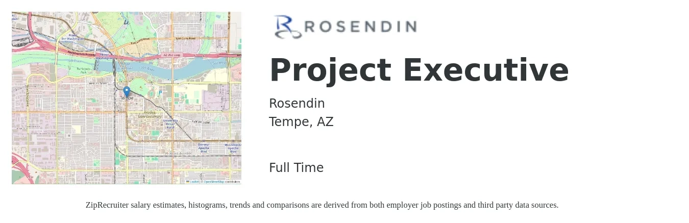 Rosendin job posting for a Project Executive in Tempe, AZ with a salary of $135,500 to $188,200 Yearly with a map of Tempe location.