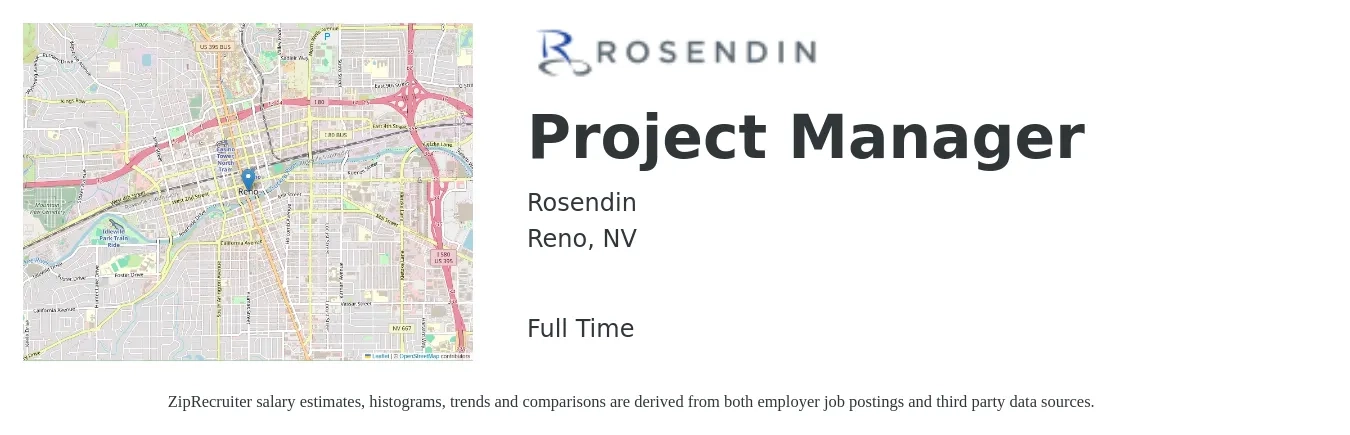 Rosendin job posting for a Project Manager in Reno, NV with a salary of $78,300 to $122,600 Yearly with a map of Reno location.