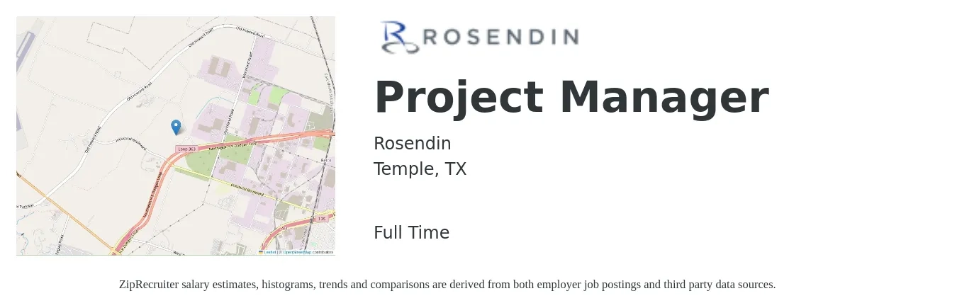 Rosendin job posting for a Project Manager in Temple, TX with a salary of $72,900 to $114,300 Yearly with a map of Temple location.