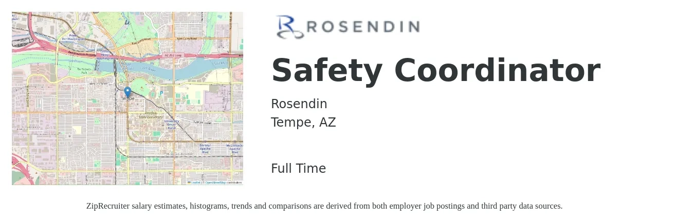 Rosendin job posting for a Safety Coordinator in Tempe, AZ with a salary of $23 to $36 Hourly with a map of Tempe location.