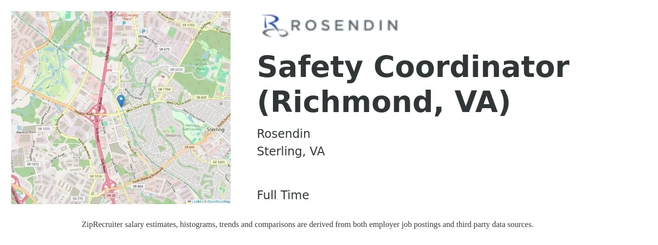 Rosendin job posting for a Safety Coordinator (Richmond, VA) in Sterling, VA with a salary of $24 to $37 Hourly with a map of Sterling location.
