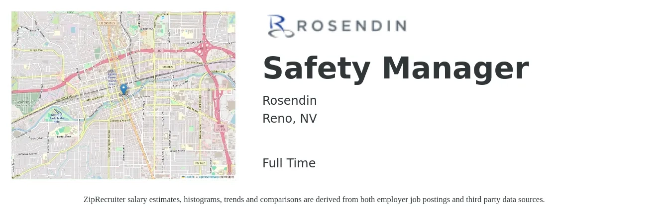 Rosendin job posting for a Safety Manager in Reno, NV with a salary of $65,300 to $102,200 Yearly with a map of Reno location.