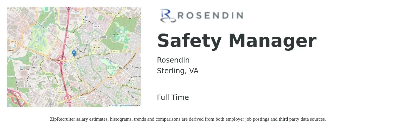 Rosendin job posting for a Safety Manager in Sterling, VA with a salary of $64,900 to $101,500 Yearly with a map of Sterling location.