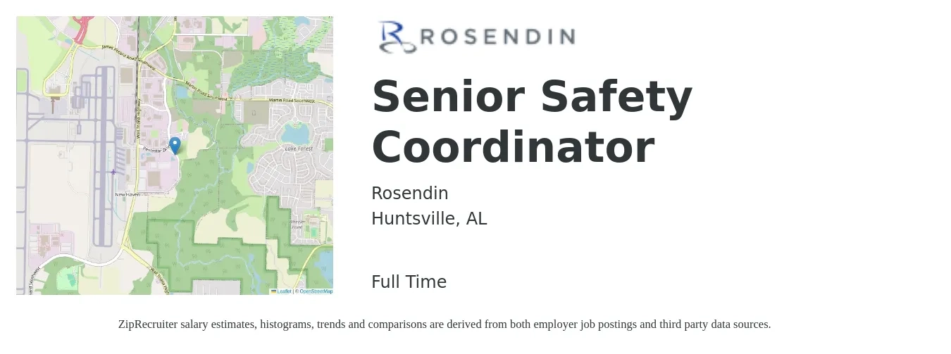 Rosendin job posting for a Senior Safety Coordinator in Huntsville, AL with a salary of $24 to $36 Hourly with a map of Huntsville location.