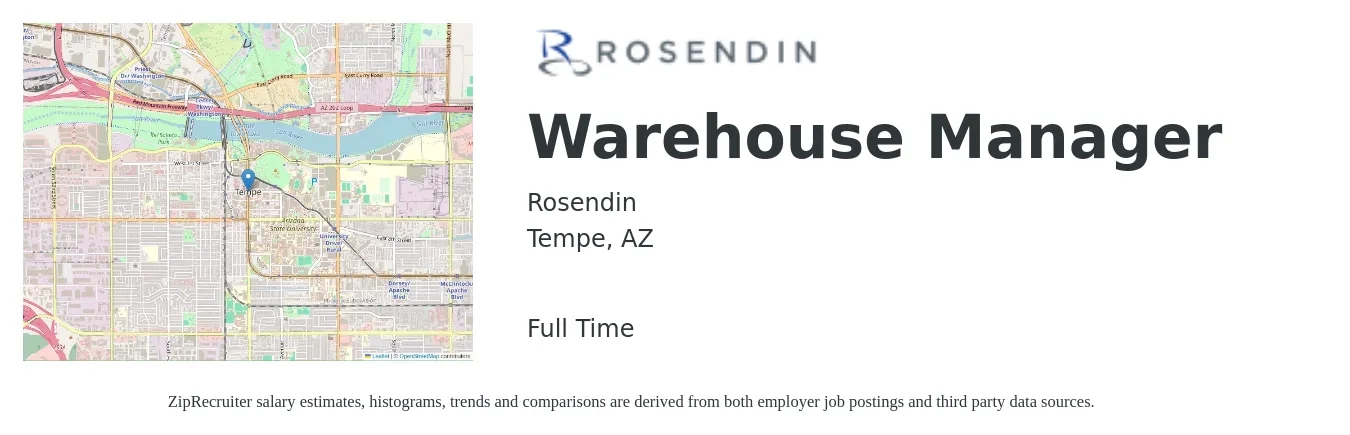 Rosendin job posting for a Warehouse Manager in Tempe, AZ with a salary of $44,500 to $63,200 Yearly with a map of Tempe location.