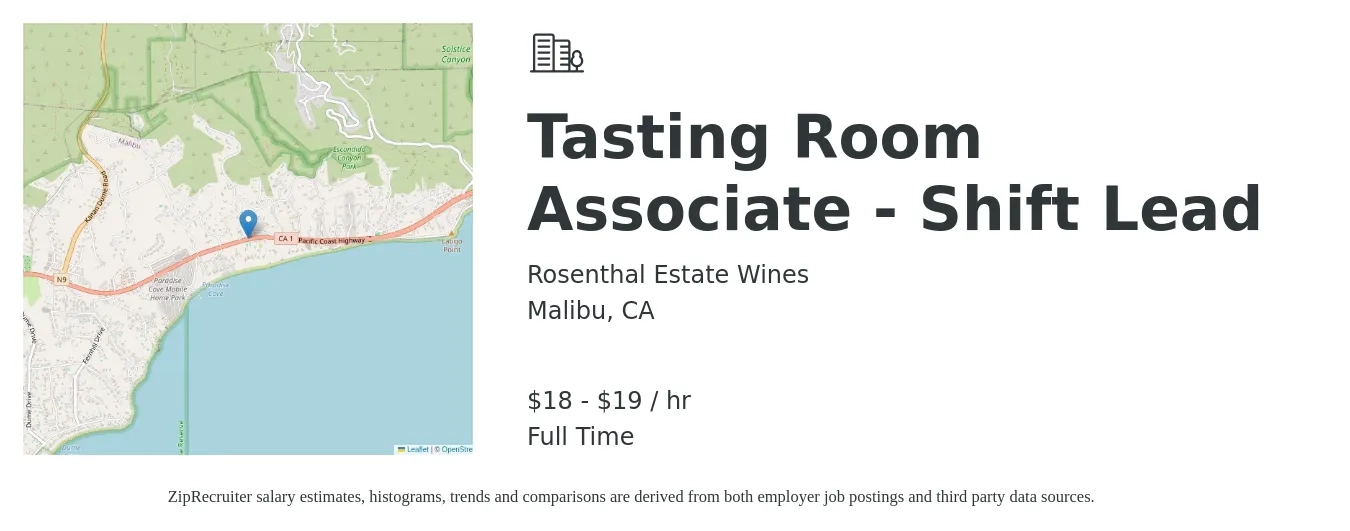 Rosenthal Estate Wines job posting for a Tasting Room Associate - Shift Lead in Malibu, CA with a salary of $19 to $20 Hourly with a map of Malibu location.