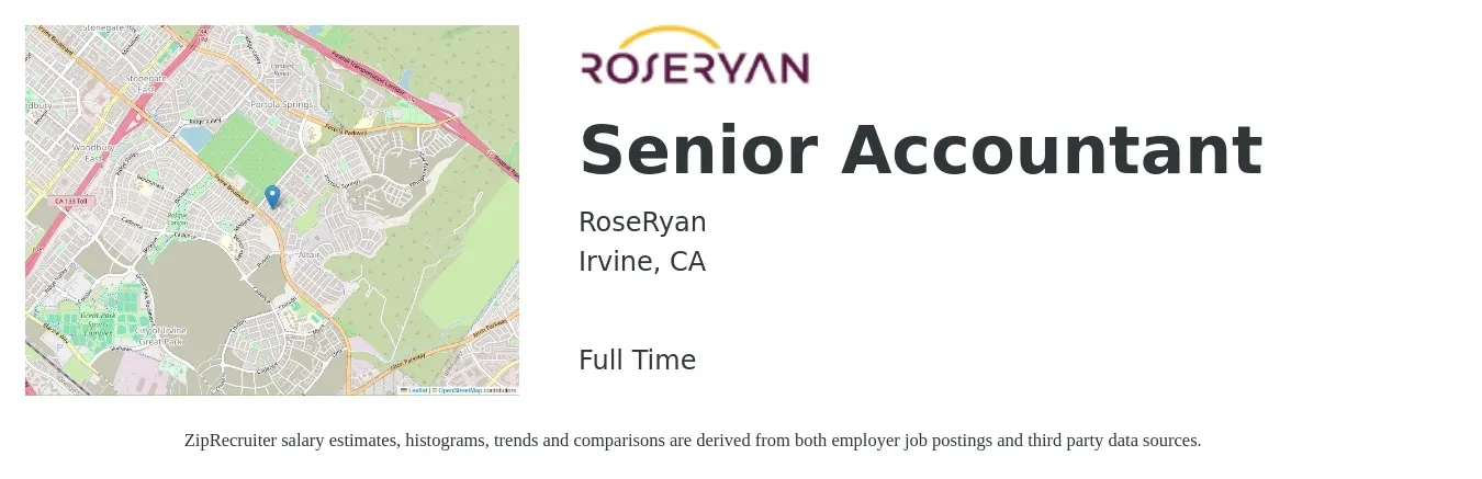 RoseRyan job posting for a Senior Accountant in Irvine, CA with a salary of $79,400 to $99,800 Yearly with a map of Irvine location.