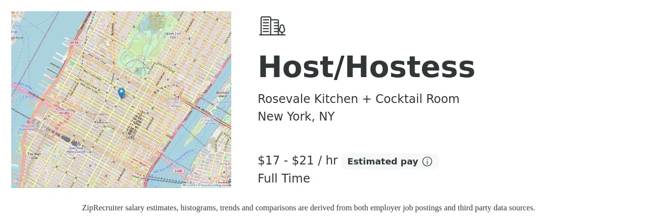 Rosevale Kitchen + Cocktail Room job posting for a Host/Hostess in New York, NY with a salary of $18 to $22 Hourly with a map of New York location.