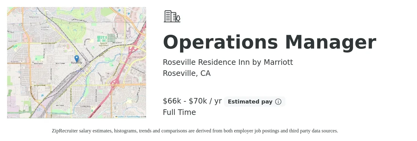 Roseville Residence Inn by Marriott job posting for a Operations Manager in Roseville, CA with a salary of $66,000 to $70,000 Yearly with a map of Roseville location.
