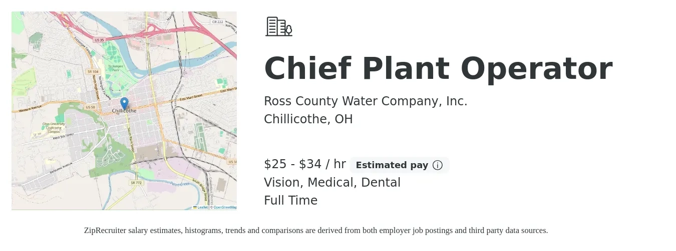 Ross County Water Company, Inc. job posting for a Chief Plant Operator in Chillicothe, OH with a salary of $27 to $36 Hourly and benefits including medical, pto, retirement, vision, dental, and life_insurance with a map of Chillicothe location.
