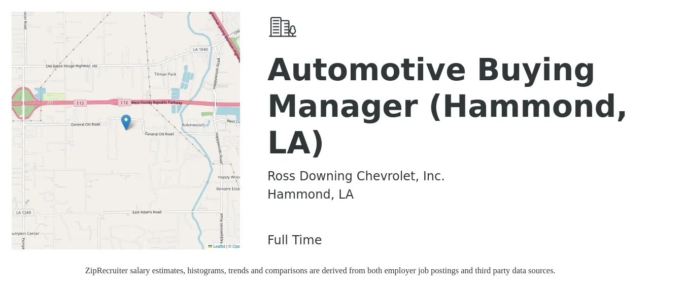 Ross Downing Chevrolet, Inc. job posting for a Automotive Buying Manager (Hammond, LA) in Hammond, LA with a salary of $61,000 to $94,000 Yearly with a map of Hammond location.