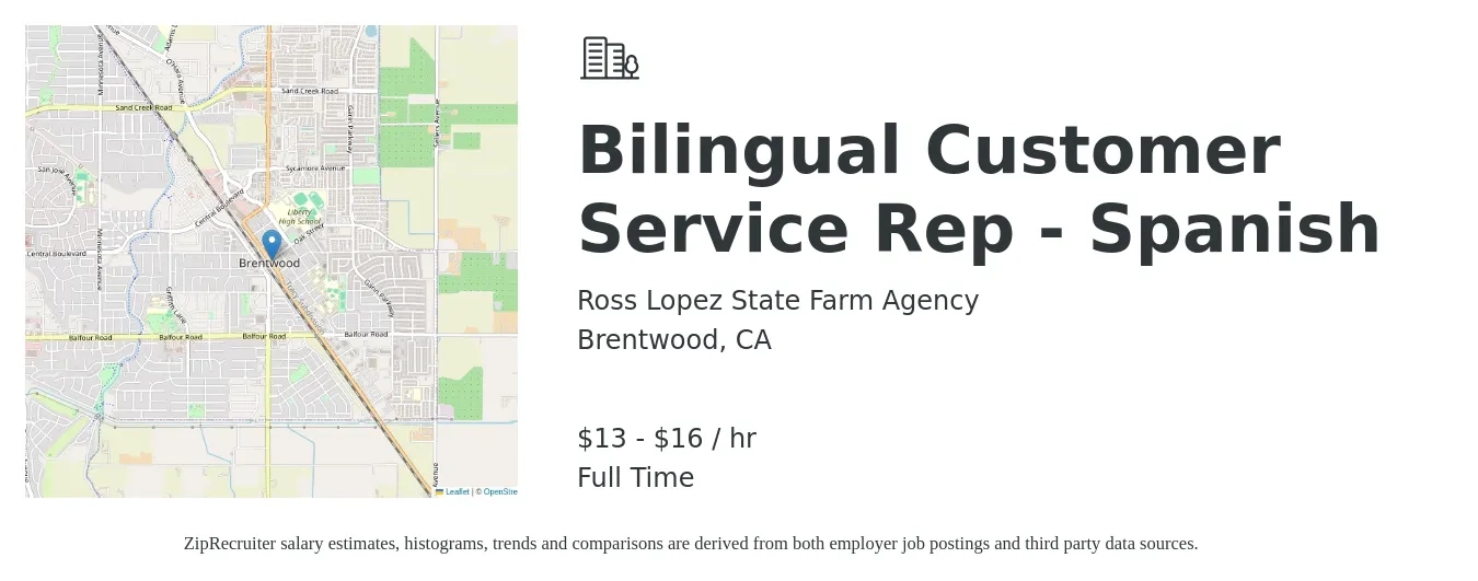 Ross Lopez State Farm Agency job posting for a Bilingual Customer Service Rep - Spanish in Brentwood, CA with a salary of $14 to $17 Hourly with a map of Brentwood location.