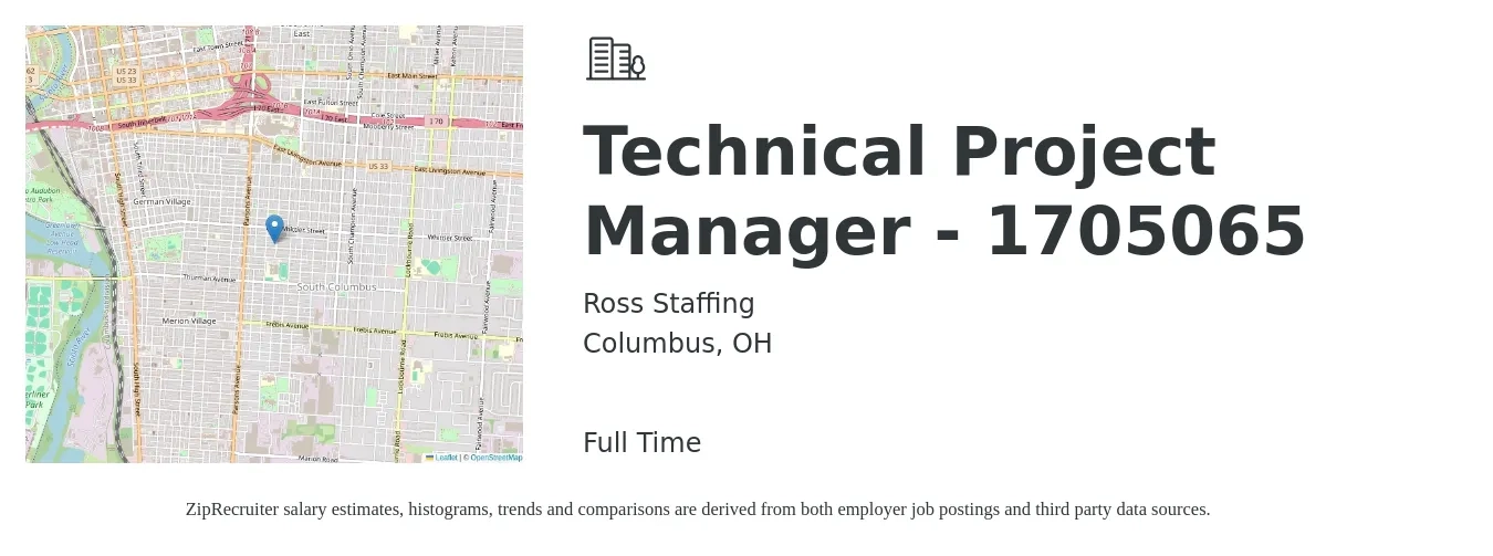 Ross Staffing job posting for a Technical Project Manager - 1705065 in Columbus, OH with a salary of $92,700 to $129,900 Yearly with a map of Columbus location.