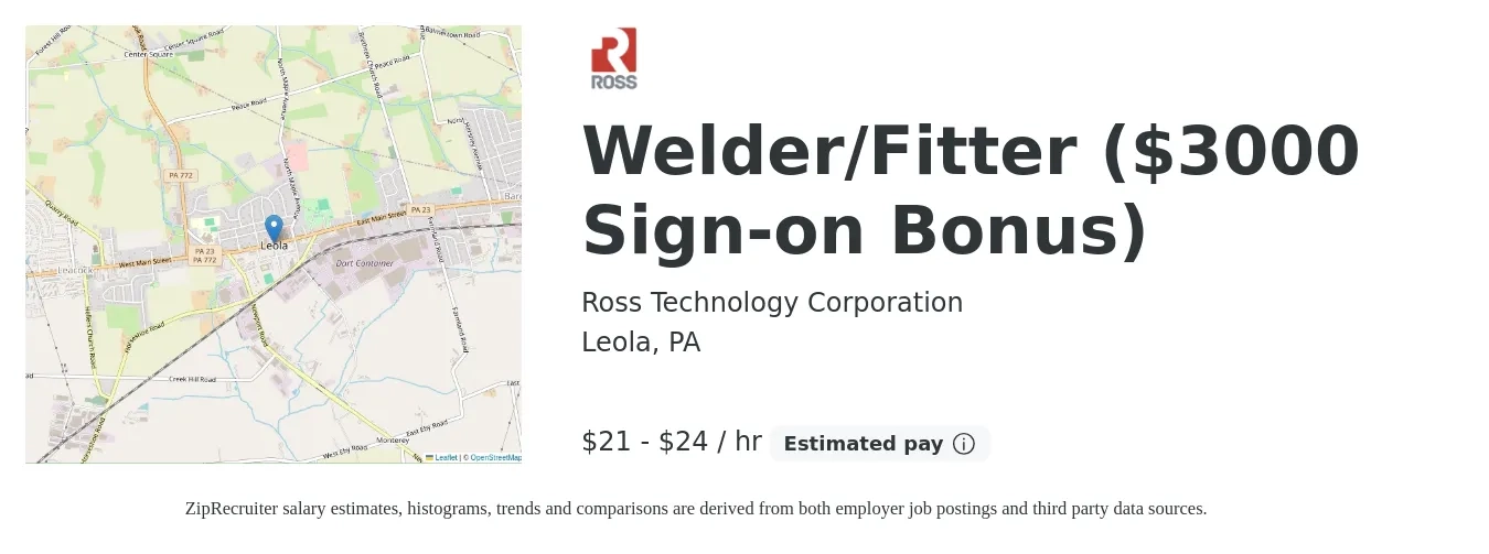 Ross Technology Corporation job posting for a Welder/Fitter ($3000 Sign-on Bonus) in Leola, PA with a salary of $22 to $26 Hourly with a map of Leola location.