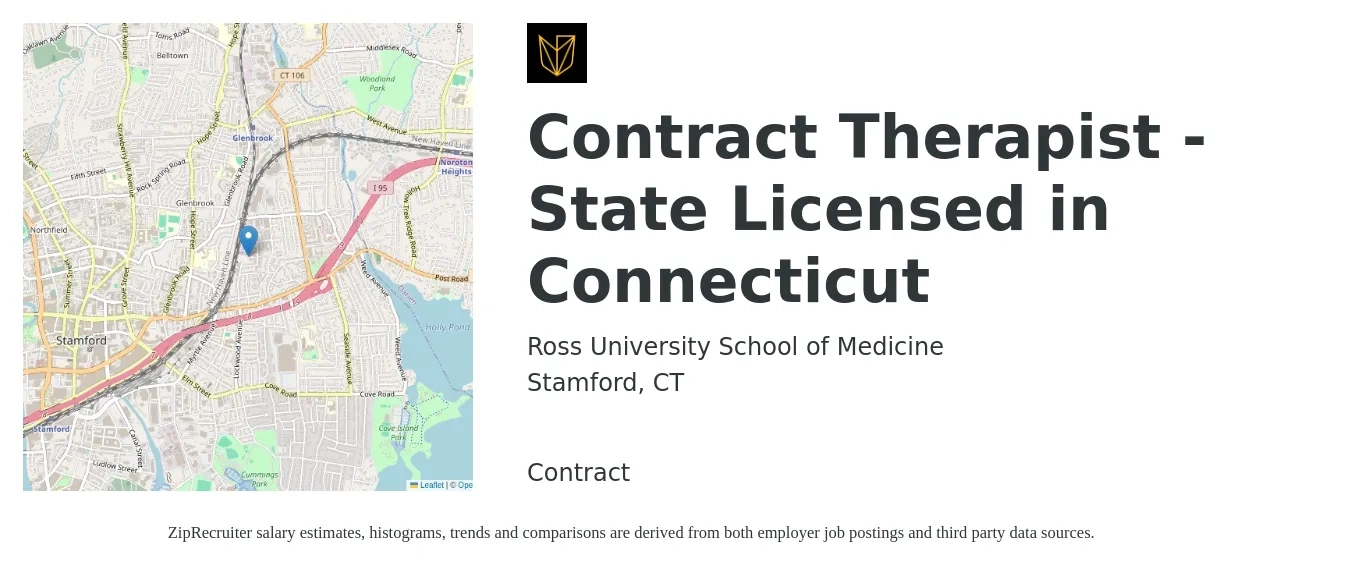 Ross University School of Medicine job posting for a Contract Therapist - State Licensed in Connecticut in Stamford, CT with a salary of $88 Hourly with a map of Stamford location.