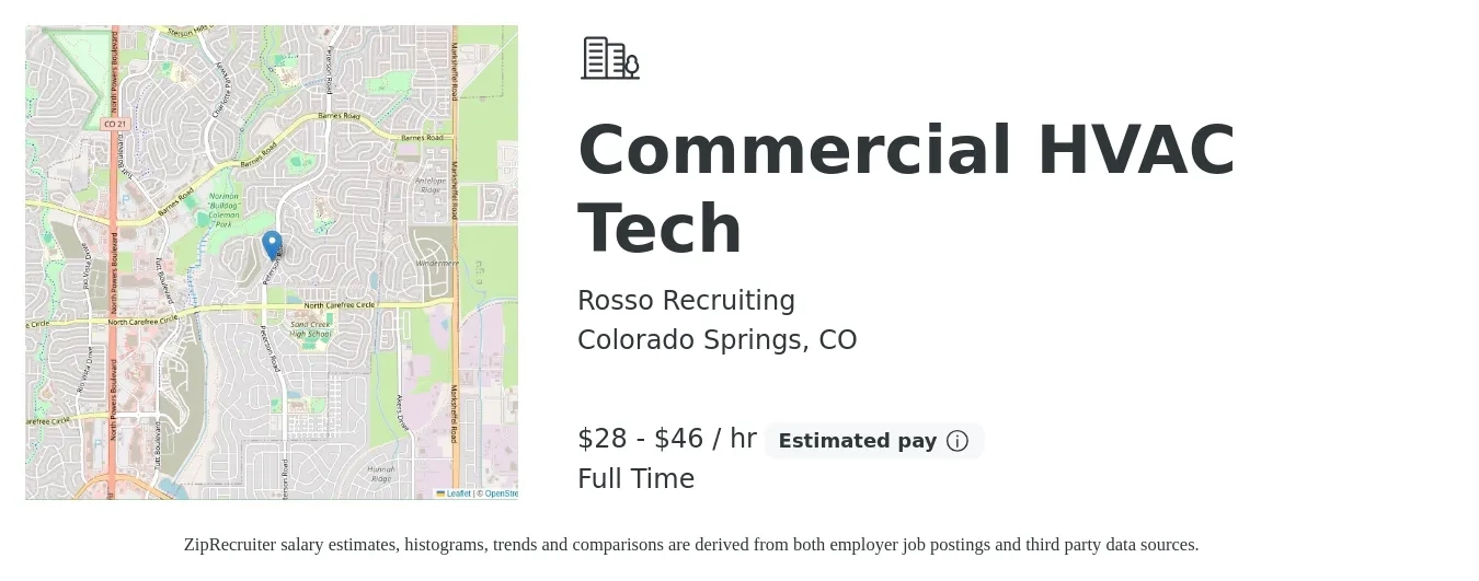 Rosso Recruiting job posting for a Commercial HVAC Tech in Colorado Springs, CO with a salary of $30 to $50 Hourly and benefits including vision, dental, medical, pto, and retirement with a map of Colorado Springs location.