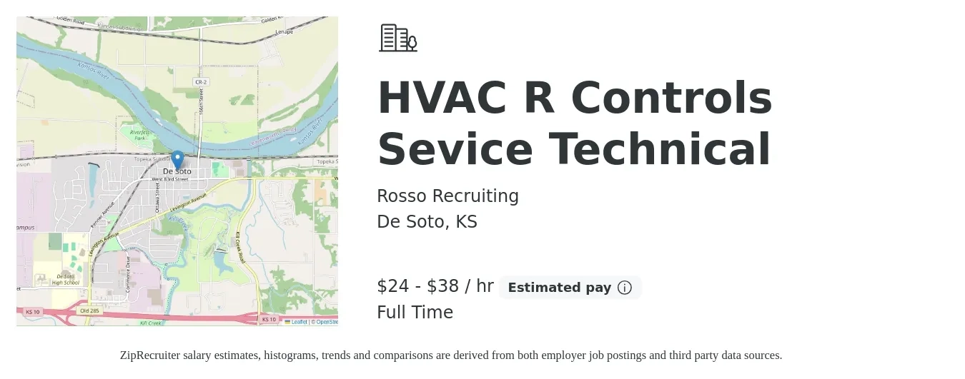 Rosso Recruiting job posting for a HVAC R Controls Sevice Technical in De Soto, KS with a salary of $25 to $40 Hourly with a map of De Soto location.