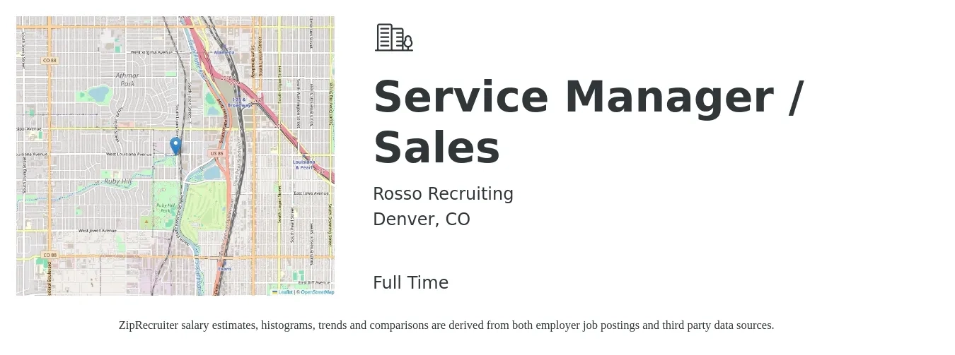 Rosso Recruiting job posting for a Service Manager / Sales in Denver, CO with a salary of $130,000 to $140,000 Yearly with a map of Denver location.