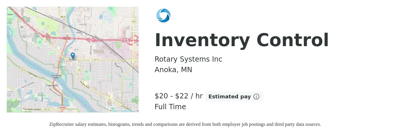 Rotary Systems Inc job posting for a Inventory Control in Anoka, MN with a salary of $21 to $23 Hourly with a map of Anoka location.