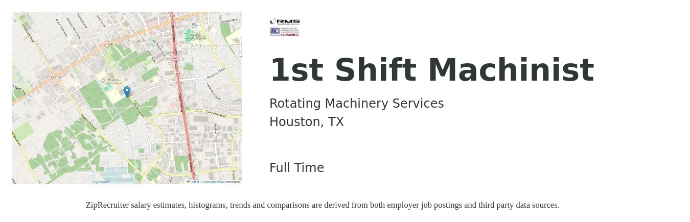 Rotating Machinery Services job posting for a 1st Shift Machinist in Houston, TX with a salary of $18 to $25 Hourly with a map of Houston location.