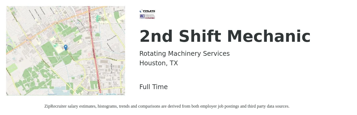 Rotating Machinery Services job posting for a 2nd Shift Mechanic in Houston, TX with a salary of $19 to $28 Hourly with a map of Houston location.